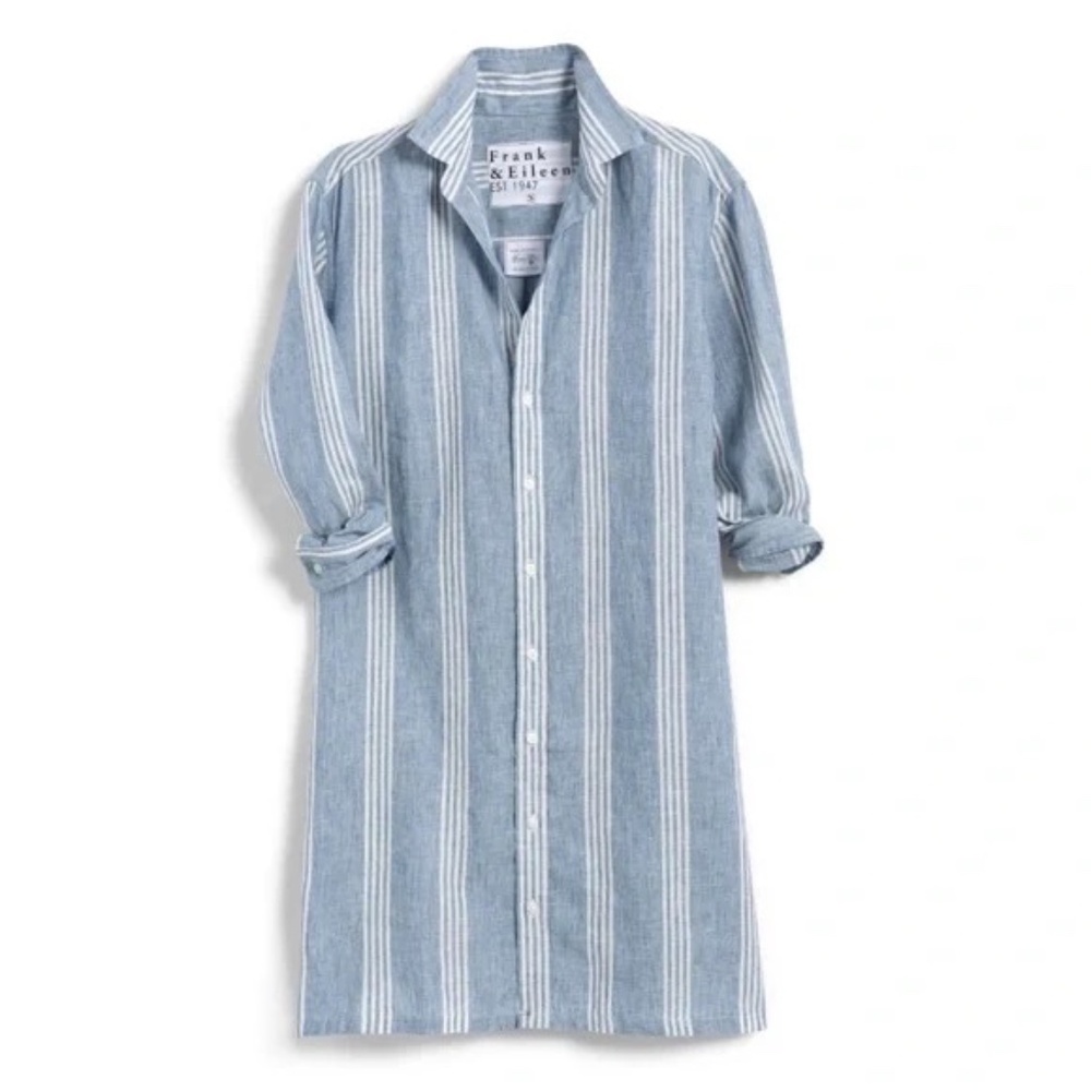Frank & Eileen Hunter Blue Striped Classic Linen Long Sleeve Shirt Dress Size S